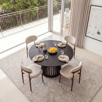 Ormond 4pc Set Dining Chair Fabric Seat Beige Walnut, around a dining table set for a meal, overhead view