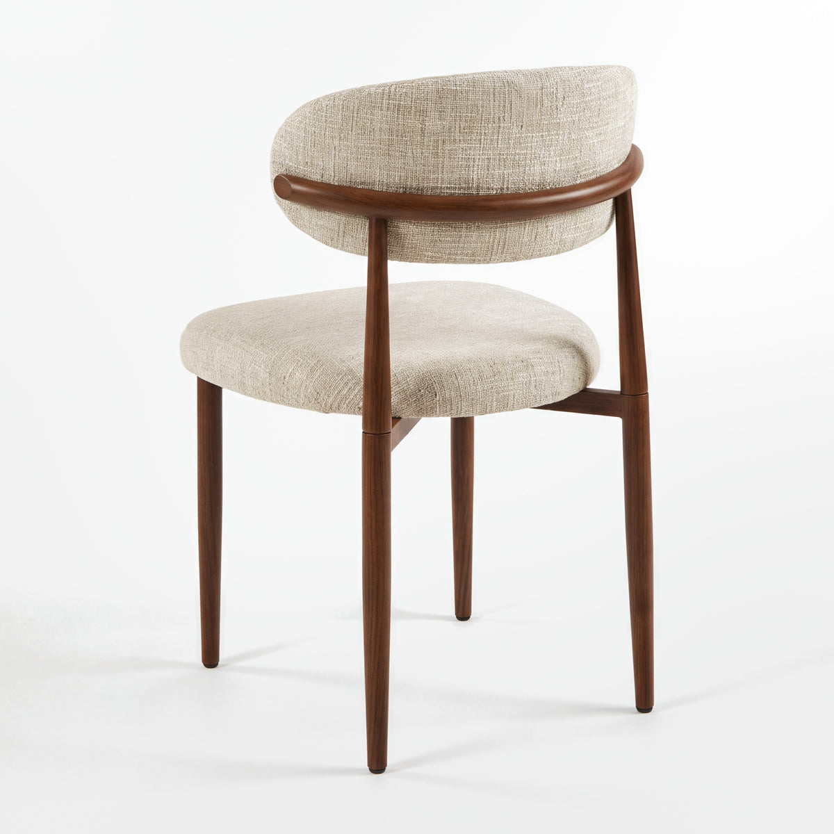 Ormond 4pc Set Dining Chair Fabric Seat Beige Walnut, single chair, rear three-quarter view on a white background