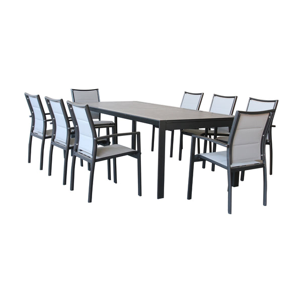 Oro 9pc Set Outdoor Dining Extension Aluminium Table 8 Chair Charcoal