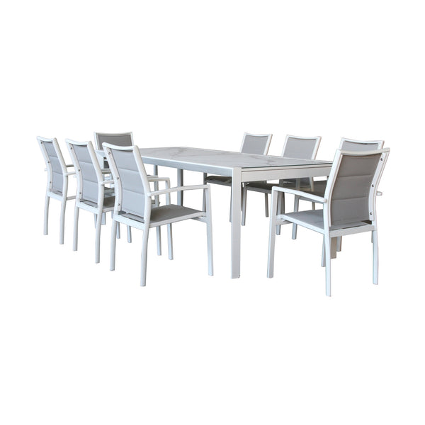 Oro 9pc Set Outdoor Dining Extension Aluminium Table 8 Chair White