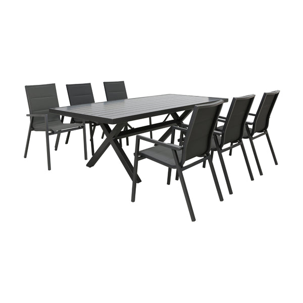 Outie 7pc Set Aluminium Outdoor Dining 220cm Table Chair Charcoal