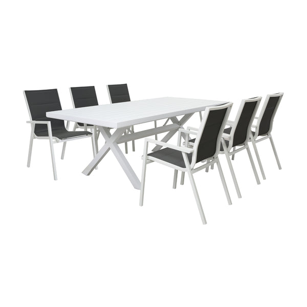 Outie 7pc Set Aluminium Outdoor Dining 220cm Table Chair White