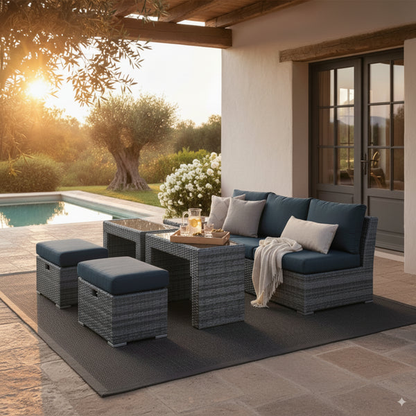 Paolo 5pc Wicker Sofa Lounge Ottoman Side Table Set Dark Grey