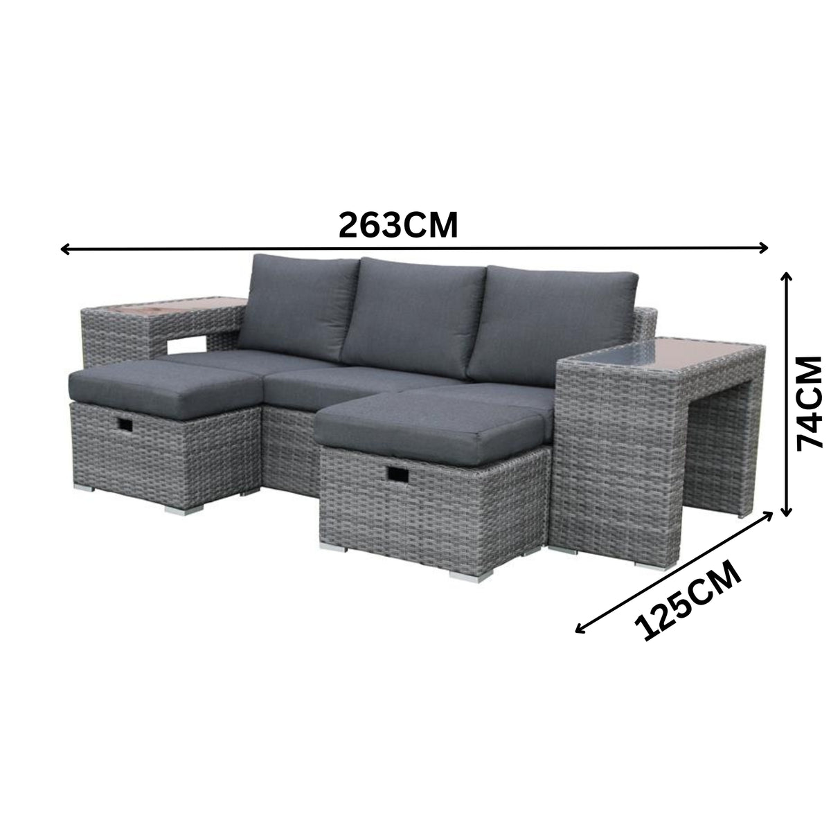 Paolo 5pc Wicker Sofa Lounge Ottoman Side Table Set Dark Grey
