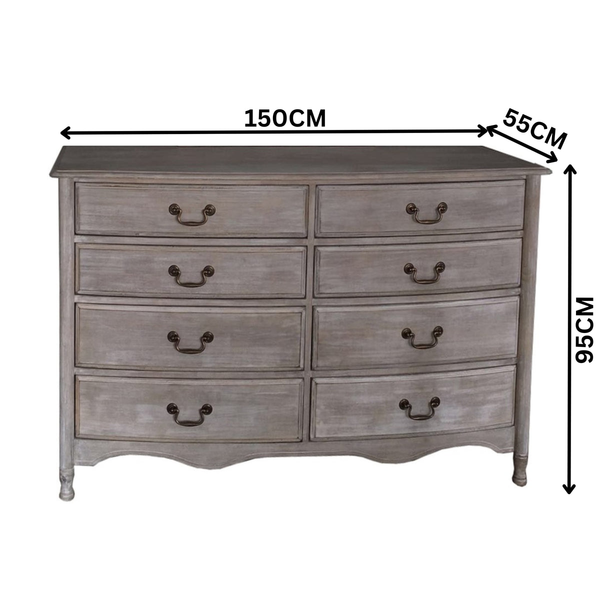 Paris Dresser 8 Drawer Cabinet Storage Washed Grey