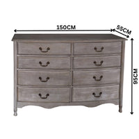 Paris Dresser 8 Drawer Cabinet Storage Washed Grey