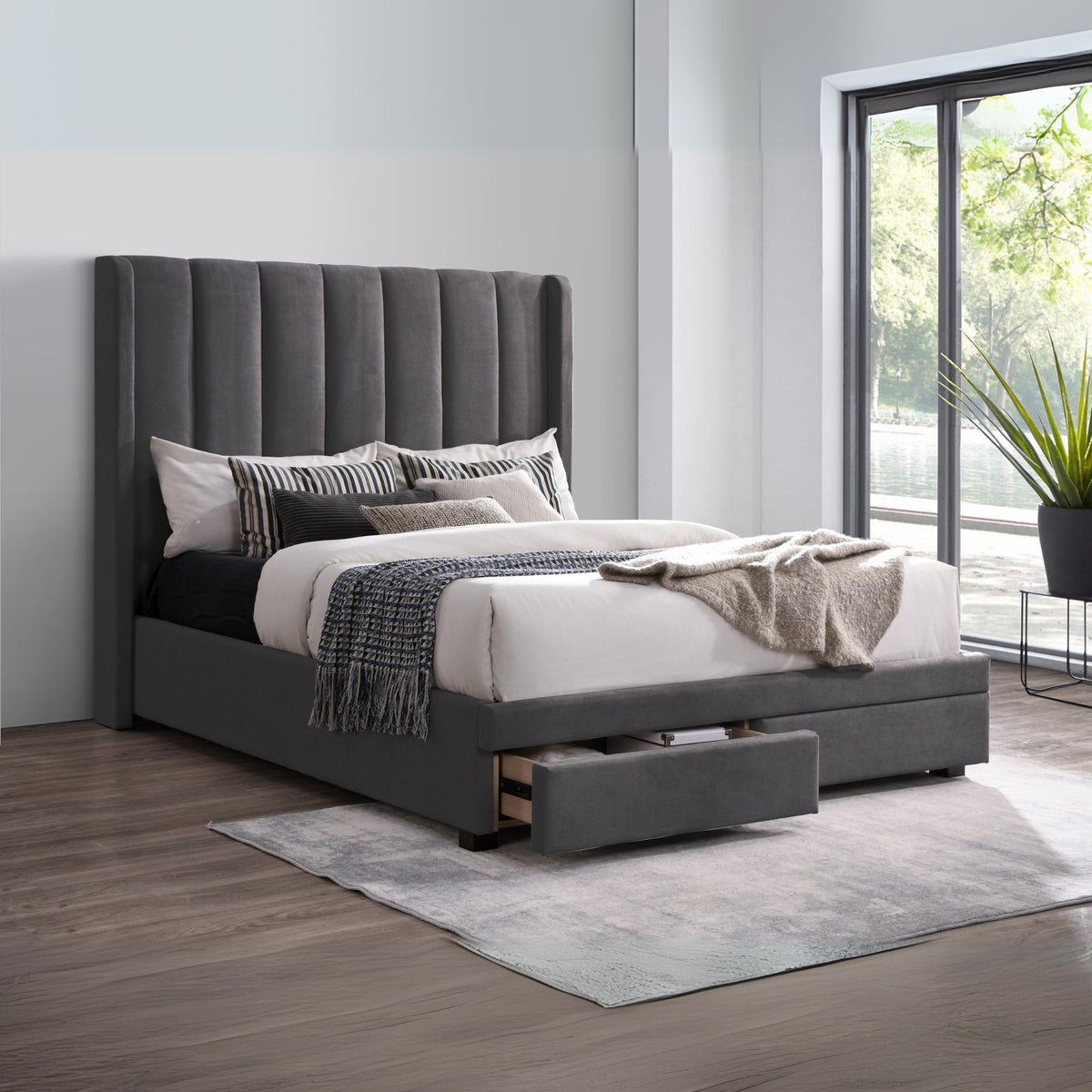 Paris Queen Bed Frame Drawer Storage Dark Grey