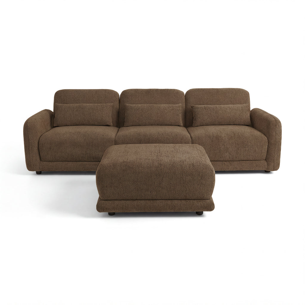 Paulie 270cm 3 Seater Modular Sofa with Ottoman Chocolate, front view on a white background with the ottoman centred in front