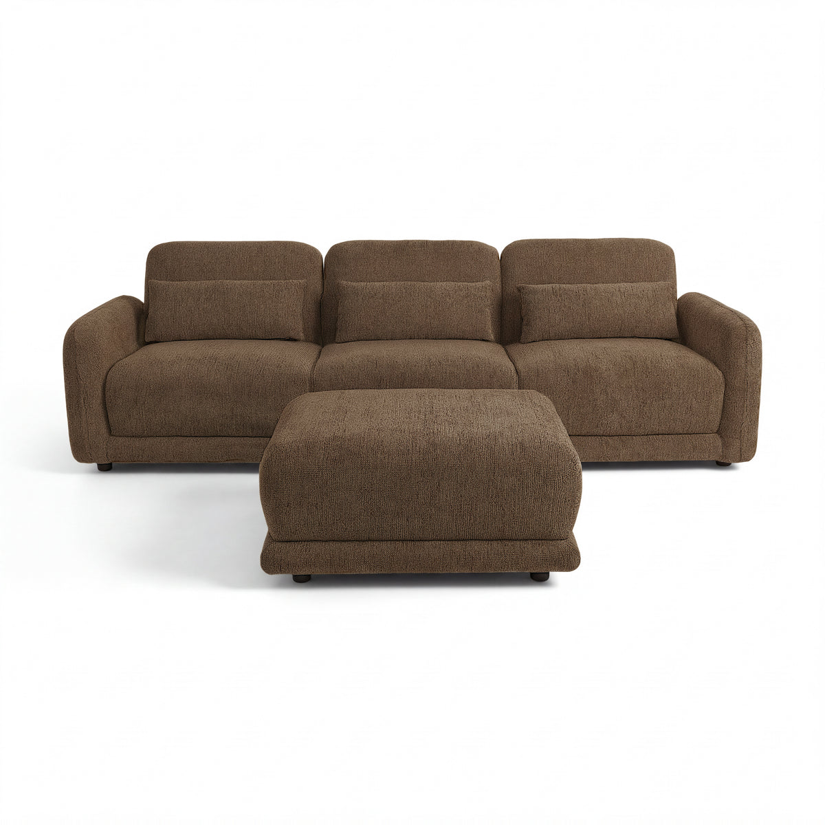 Paulie 270cm 3 Seater Modular Sofa with Ottoman Chocolate, front view on a white background with the ottoman centred in front