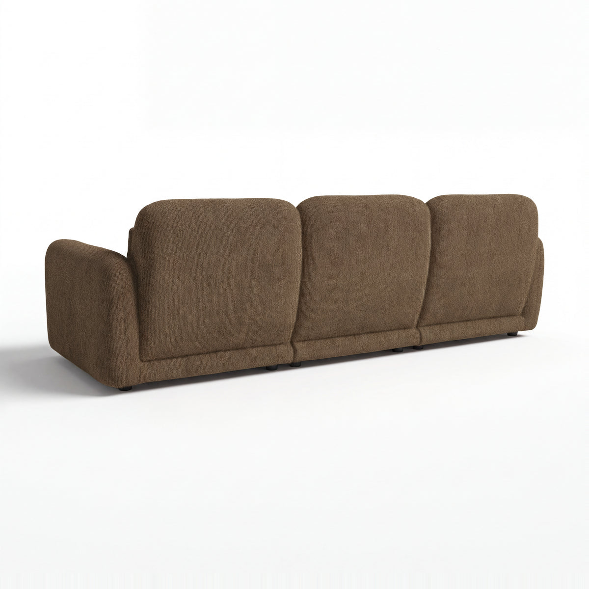 Paulie 270cm 3 Seater Modular Sofa with Ottoman Chocolate, rear three-quarter view on a white background showing the three back panels