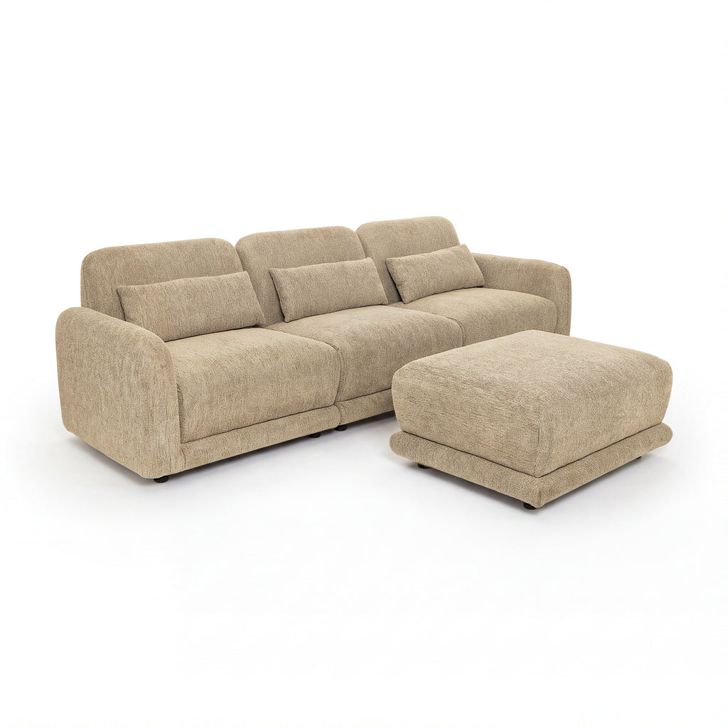 Paulie 270cm 3 Seater Modular Sofa with Ottoman Latte, three-quarter view on a white background with the ottoman placed as a chaise