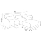 Paulie 270cm 3 Seater Modular Sofa with Ottoman Latte, dimension drawing: sofa 270 cm wide, 86 cm deep, 85 cm high, seat height 45 cm; ottoman 95 x 75 x 45 cm