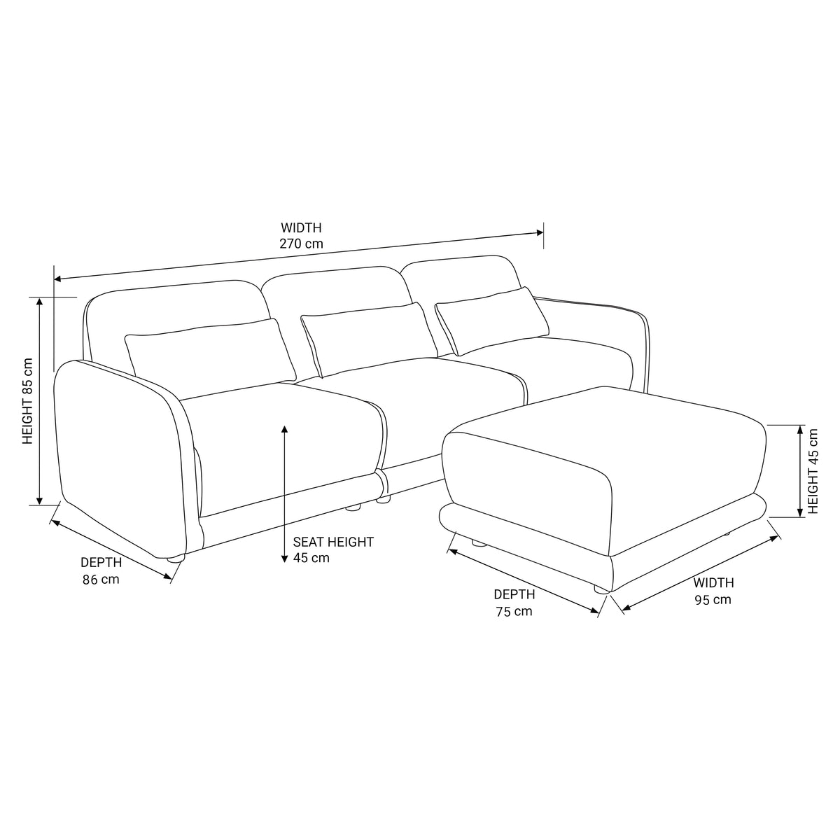 Paulie 270cm 3 Seater Modular Sofa with Ottoman Latte, dimension drawing: sofa 270 cm wide, 86 cm deep, 85 cm high, seat height 45 cm; ottoman 95 x 75 x 45 cm