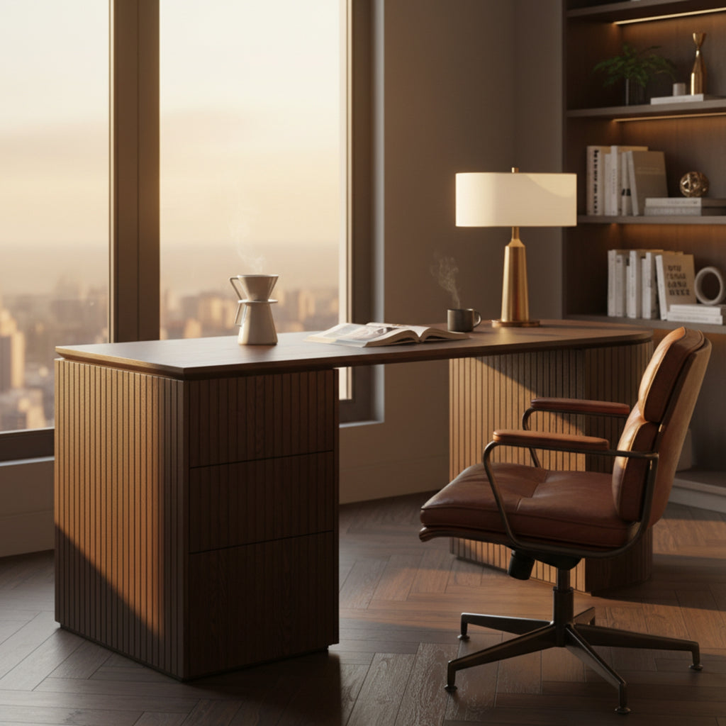 Payton Benjamin Ripple Grand 3 Drawer LHF Computer Work Desk Table Walnut