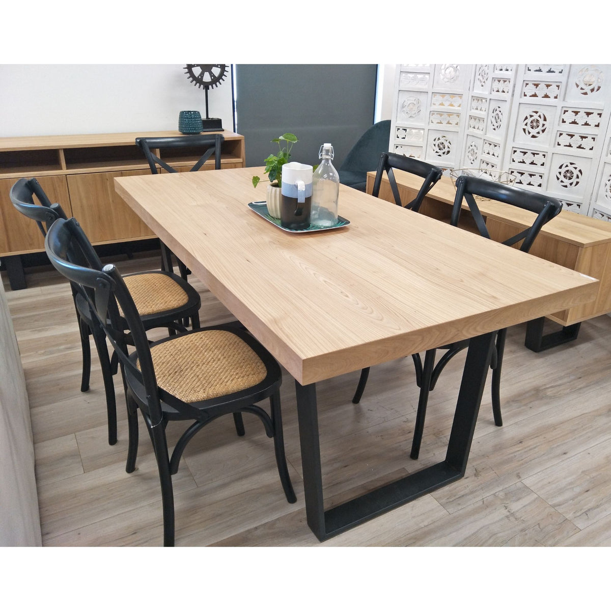 Petunia  Dining Table 210cm Elm Timber Wood Black Metal Leg - Natural