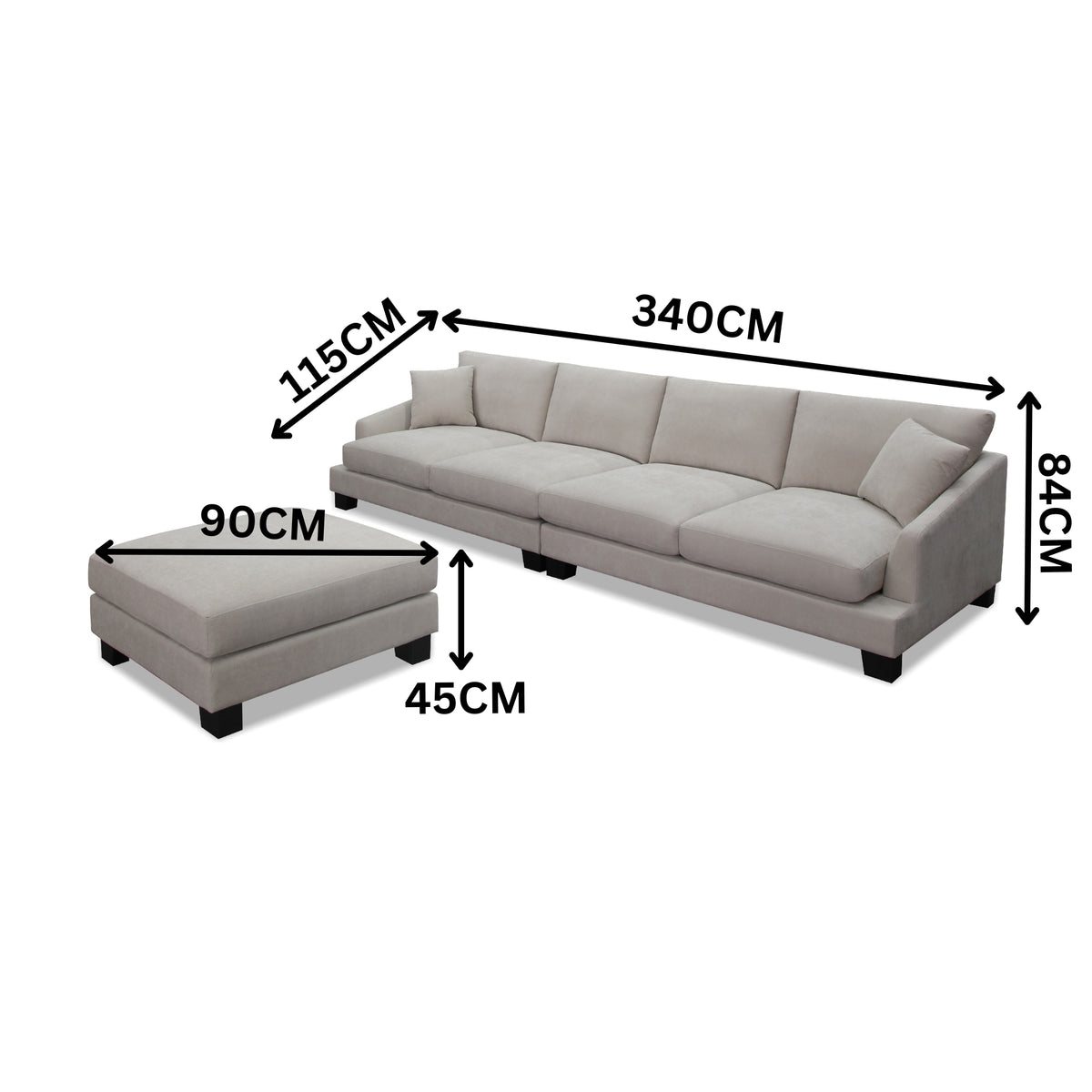 Poppa 4 Seater Fabric Sofa Lounge with Ottoman Natural Grey