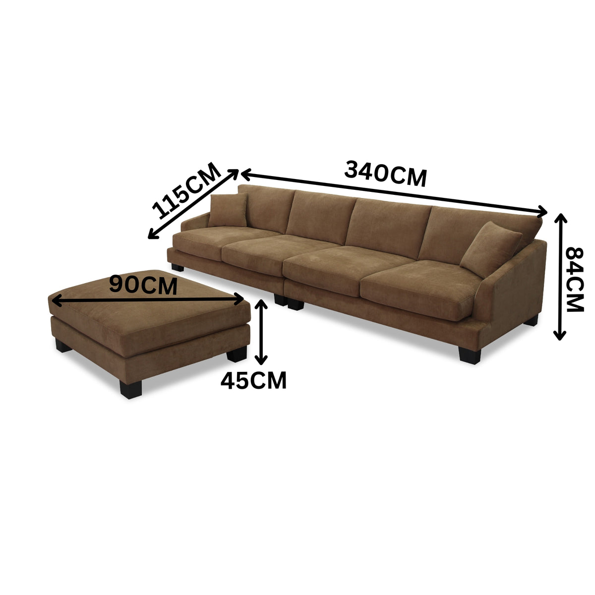 Poppa 4 Seater Fabric Sofa Lounge with Ottoman Rust Brown
