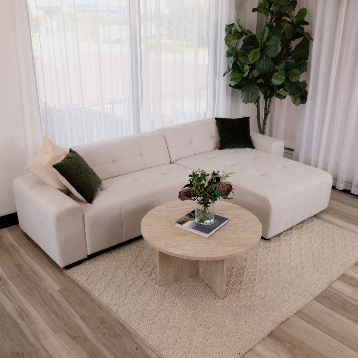 Quinn 4 Seater Upholstered Sofa with Reversible Chaise Beige