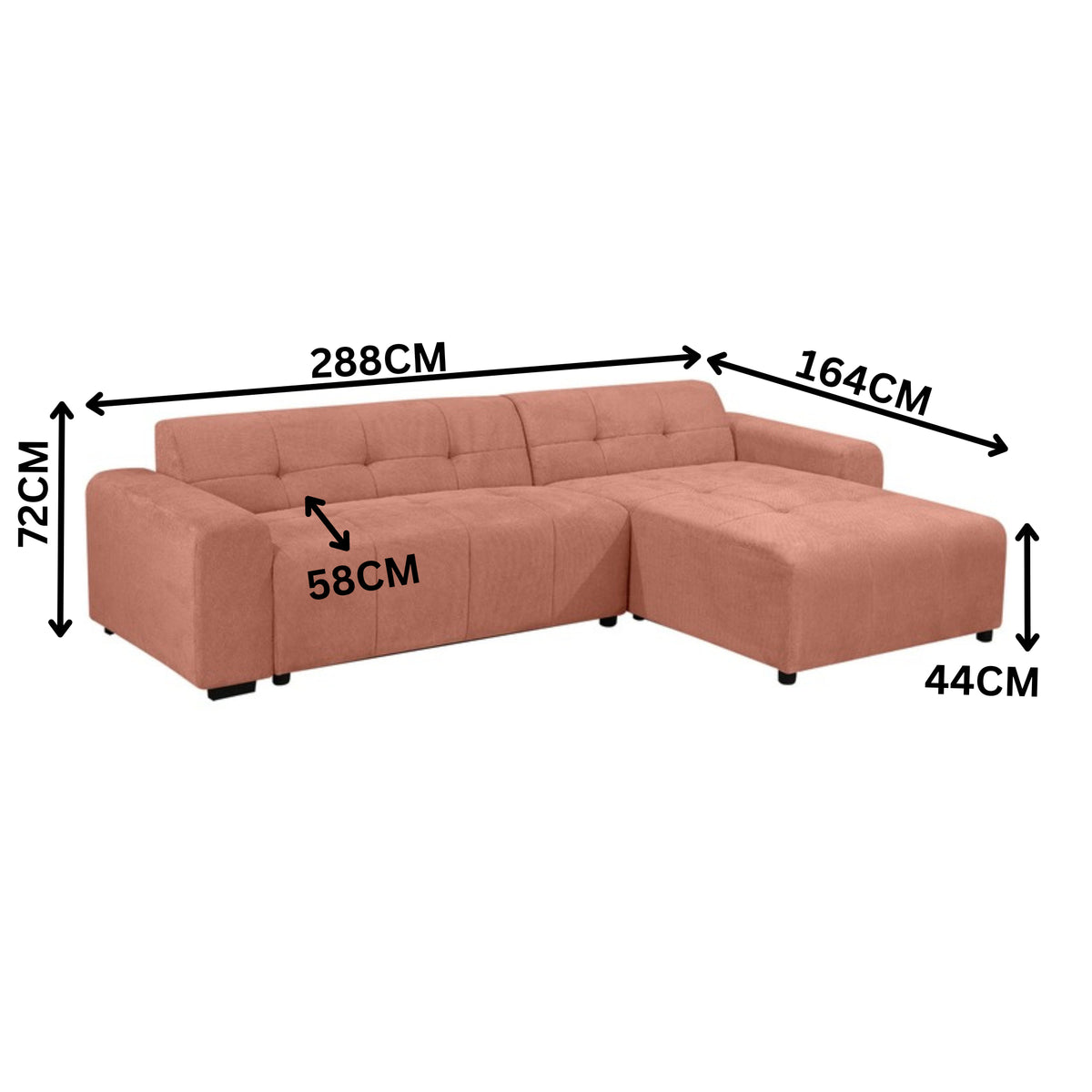 Quinn 4 Seater Upholstered Sofa with Reversible Chaise Blush Pink — dimensions diagram, 288 x 164 x 72 cm