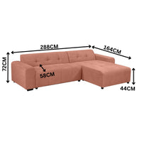 Quinn 4 Seater Upholstered Sofa with Reversible Chaise Blush Pink — dimensions diagram, 288 x 164 x 72 cm