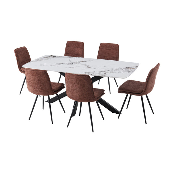 Rafelle 7pc Dining Table Set Sintered Stone Top 6 Fabric Brown Chair