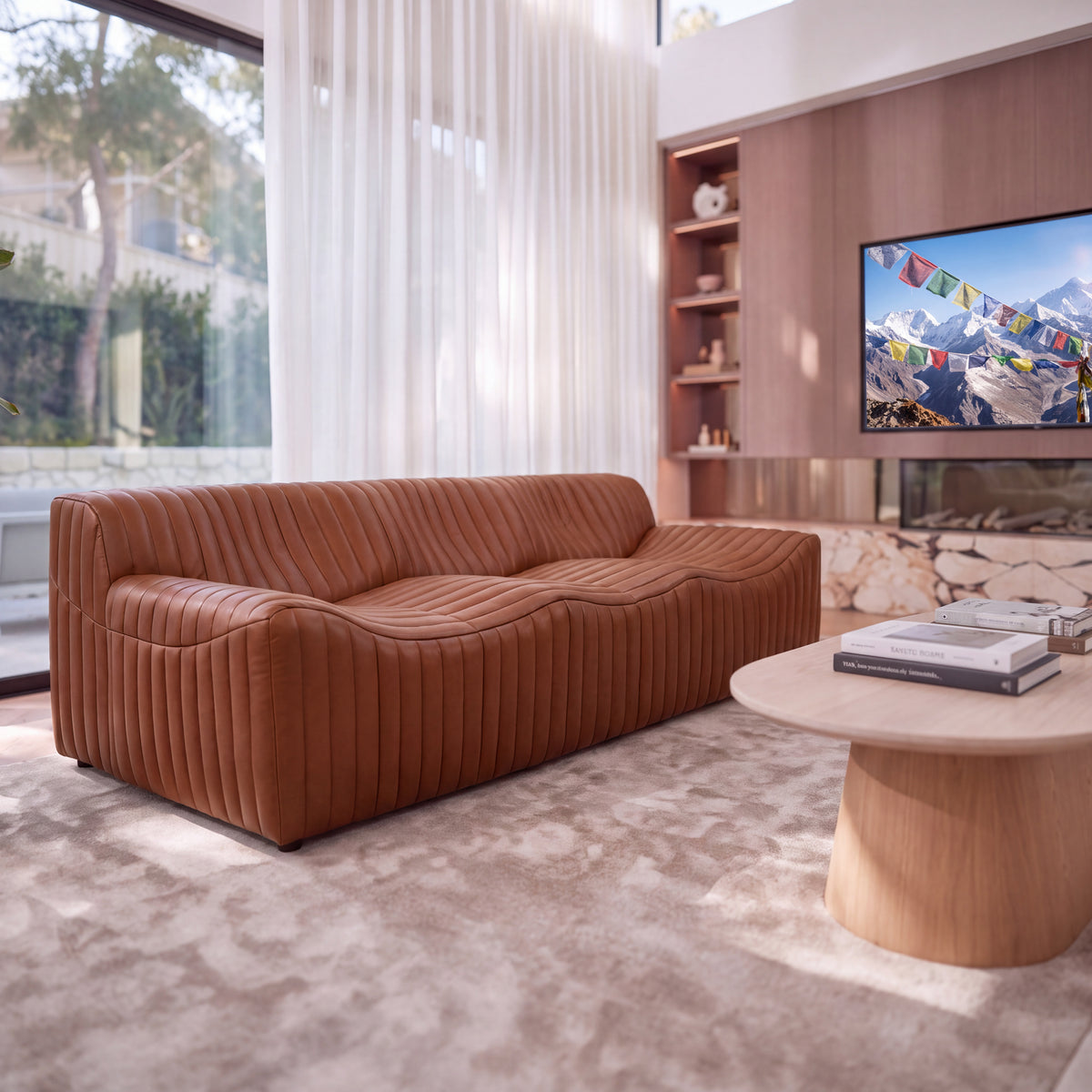 Ripley 3 Seater Sofa Tan, styled in a living room, front three-quarter view