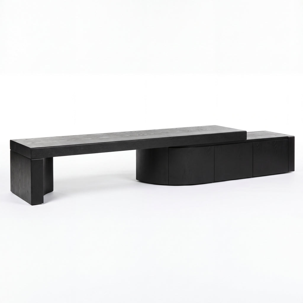 Ruvos 213-280cm Extendable ETU Entertainment TV Unit Black, angled view on a white background