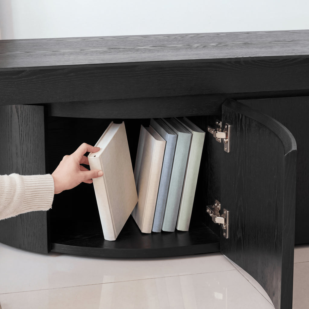 Ruvos 213-280cm Extendable ETU Entertainment TV Unit Black, door open showing the storage compartment
