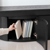 Ruvos 213-280cm Extendable ETU Entertainment TV Unit Black, door open showing the storage compartment