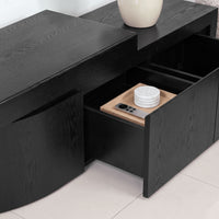 Ruvos 213-280cm Extendable ETU Entertainment TV Unit Black, drawer open showing the storage inside