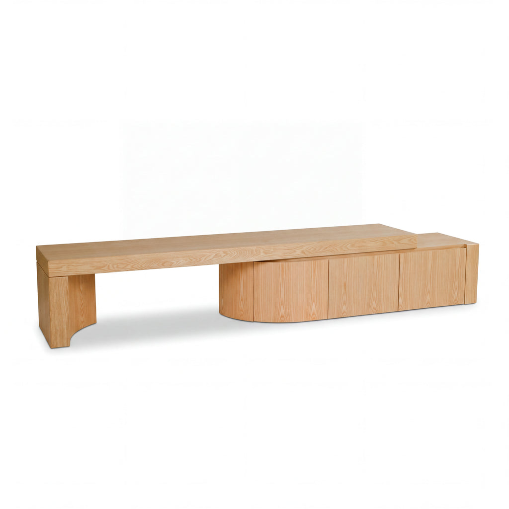 Ruvos 213-280cm Extendable ETU Entertainment TV Unit Natural Oak, angled view on a white background