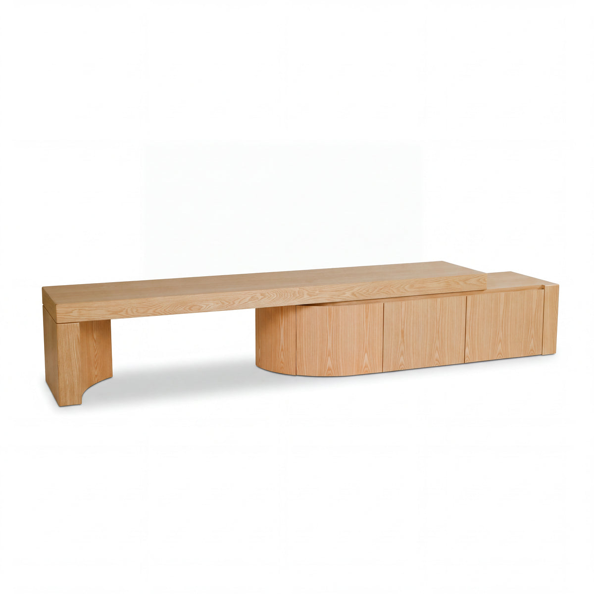 Ruvos 213-280cm Extendable ETU Entertainment TV Unit Natural Oak, angled view on a white background