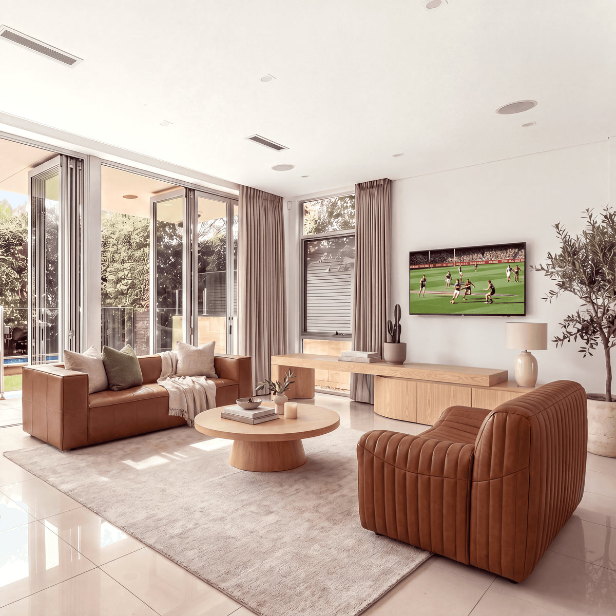 Ruvos 213-280cm Extendable ETU Entertainment TV Unit Natural Oak, in a living room, wide view