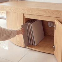 Ruvos 213-280cm Extendable ETU Entertainment TV Unit Natural Oak, door open showing the storage compartment
