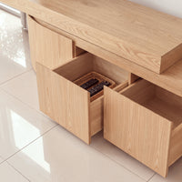 Ruvos 213-280cm Extendable ETU Entertainment TV Unit Natural Oak, drawer open showing the storage inside