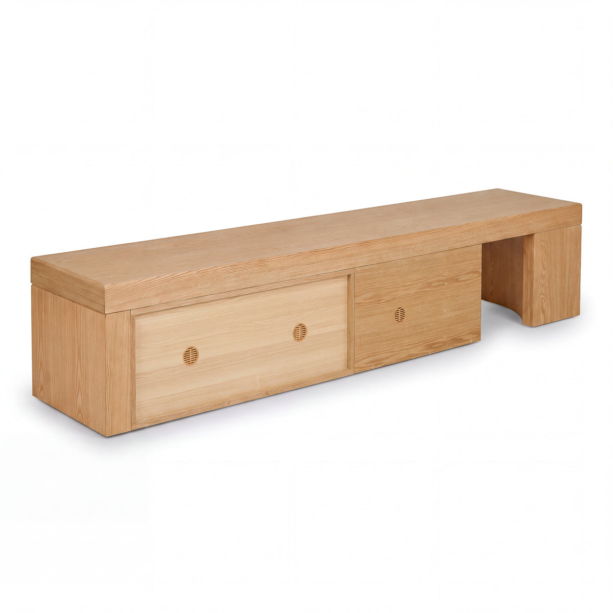 Ruvos 213-280cm Extendable ETU Entertainment TV Unit Natural Oak, rear view on a white background