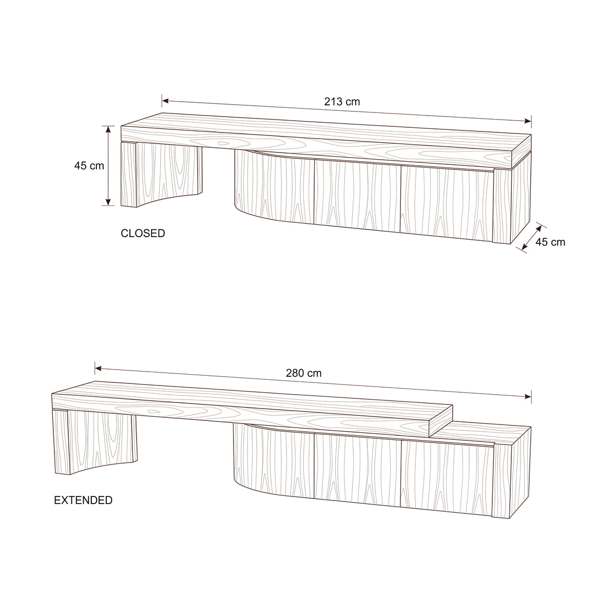 Ruvos 213-280cm Extendable ETU Entertainment TV Unit Natural Oak — dimensions diagram, closed and extended, W213-280 x D45 x H45 cm