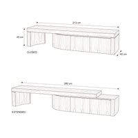 Ruvos 213-280cm Extendable ETU Entertainment TV Unit Natural Oak — dimensions diagram, closed and extended, W213-280 x D45 x H45 cm