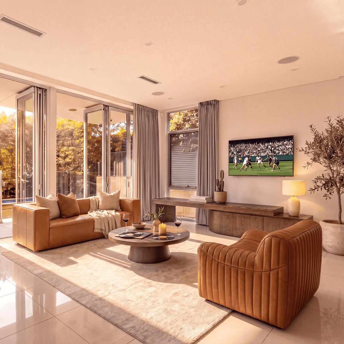 Ruvos 213-280cm Extendable ETU Entertainment TV Unit Walnut, in a living room, wide view