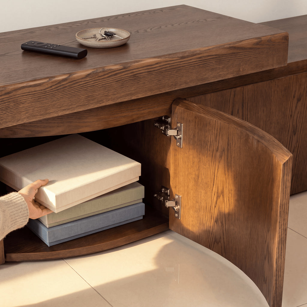 Ruvos 213-280cm Extendable ETU Entertainment TV Unit Walnut, door open showing the storage compartment