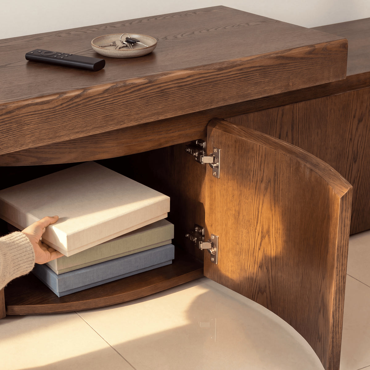 Ruvos 213-280cm Extendable ETU Entertainment TV Unit Walnut, door open showing the storage compartment