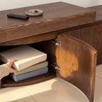 Ruvos 213-280cm Extendable ETU Entertainment TV Unit Walnut, door open showing the storage compartment