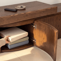 Ruvos 213-280cm Extendable ETU Entertainment TV Unit Walnut, door open showing the storage compartment