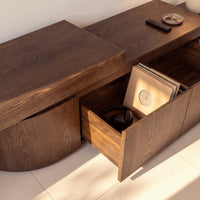 Ruvos 213-280cm Extendable ETU Entertainment TV Unit Walnut, drawer open showing the storage inside