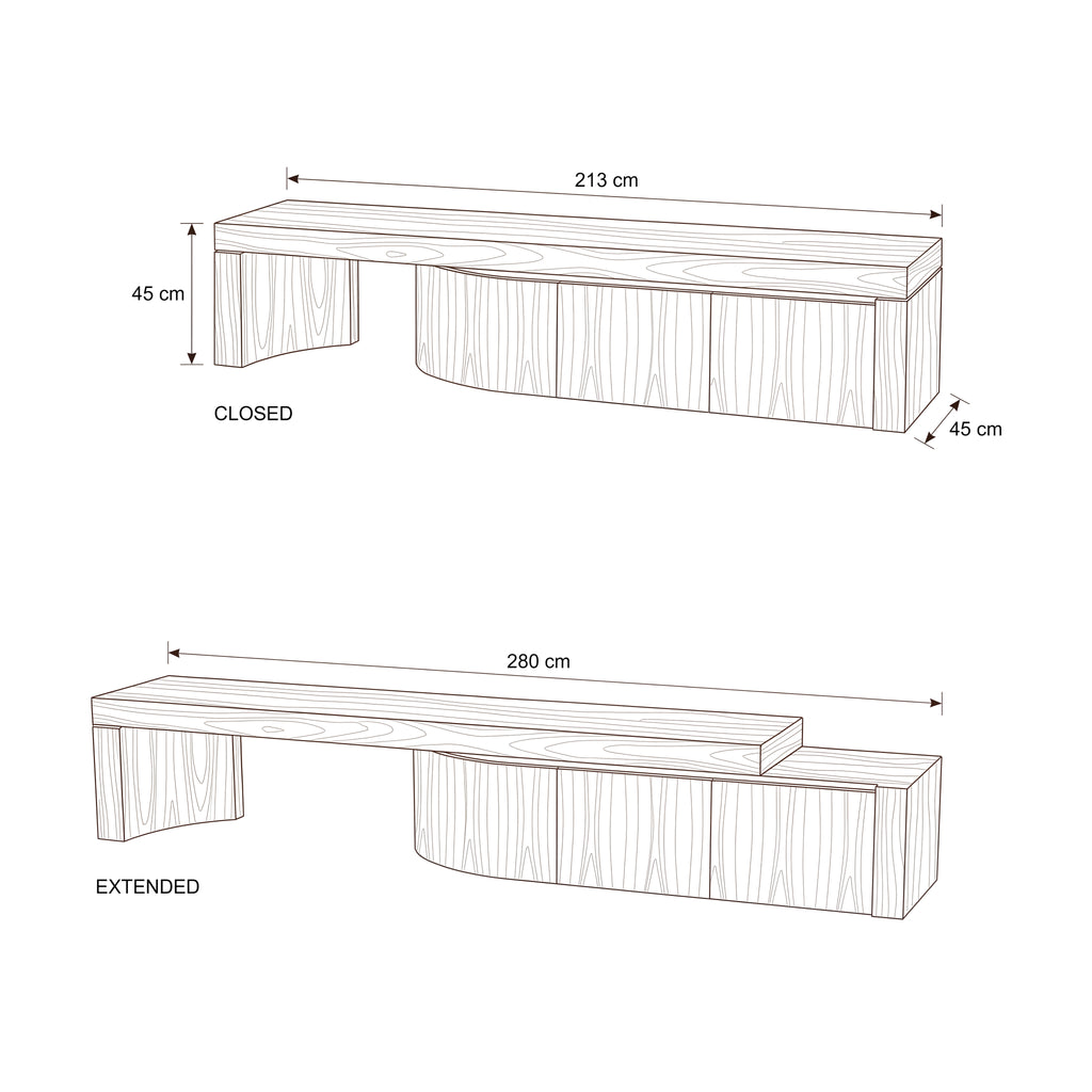 Ruvos 213-280cm Extendable ETU Entertainment TV Unit Walnut — dimensions diagram, closed and extended, W213-280 x D45 x H45 cm