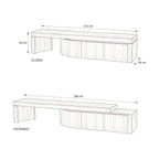 Ruvos 213-280cm Extendable ETU Entertainment TV Unit Walnut — dimensions diagram, closed and extended, W213-280 x D45 x H45 cm