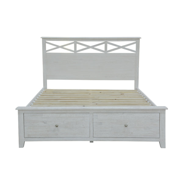 San Remo Queen Bed Frame Storage  Drawer Washed White