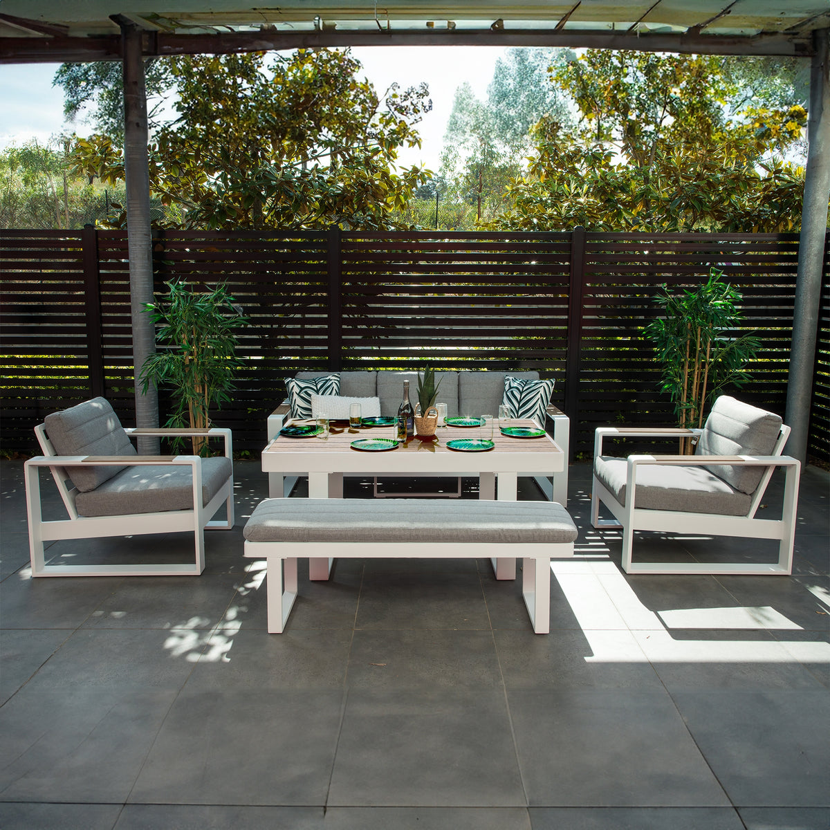 Santorini 5pc Outdoor Aluminium Lounge Chair Bench Coffee Table Set White