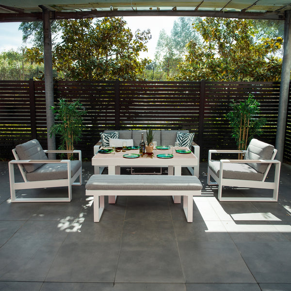 Santorini 5pc Outdoor Aluminium Lounge Chair Bench Coffee Table Set White