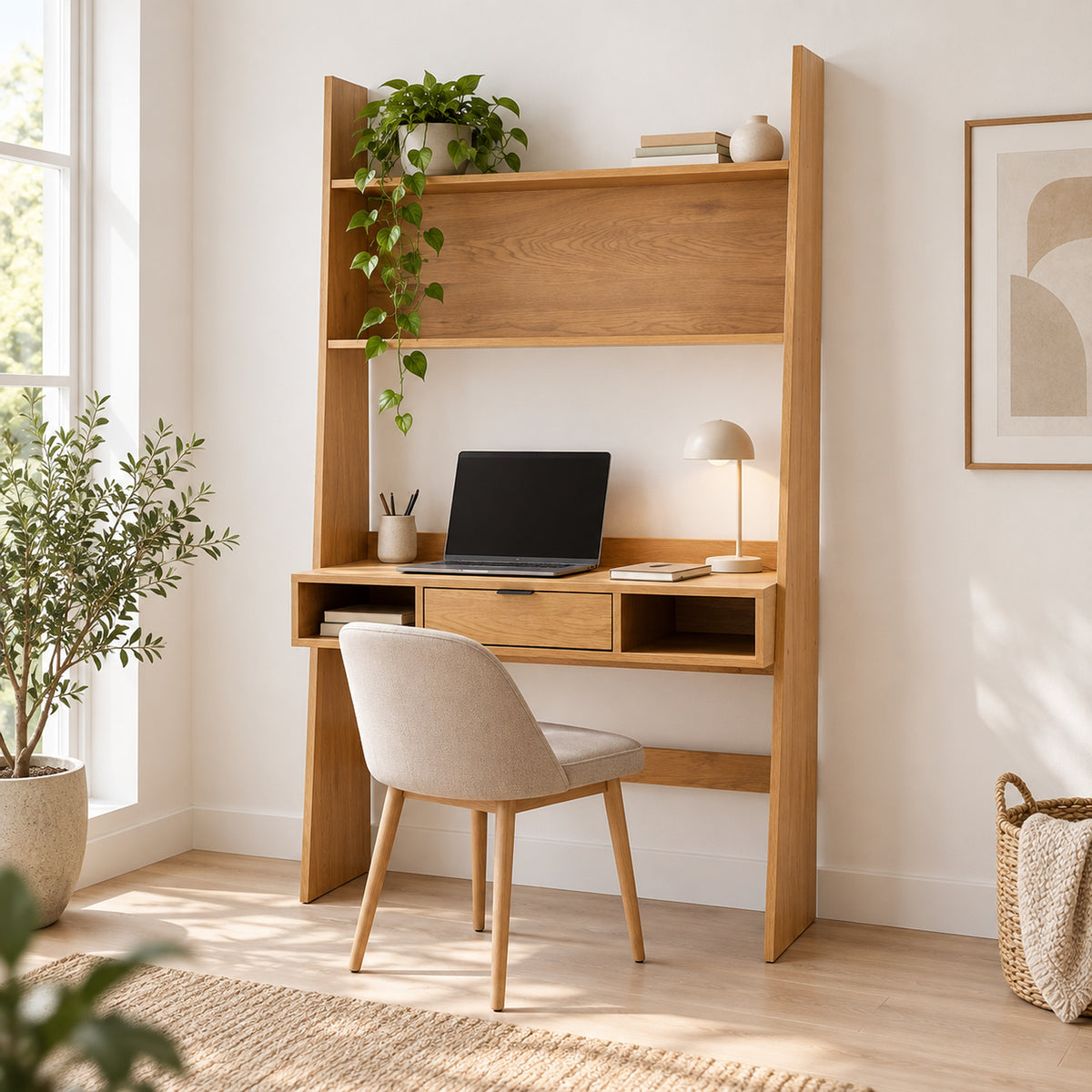 Scala 100cm Study Desk with Shelves Oak, in a home office with a chair and laptop